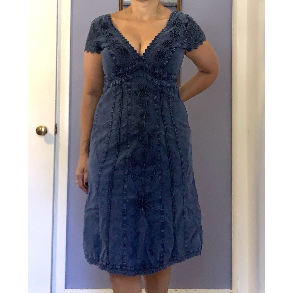 Vintage 1990s Y2K Embroidered Denim Dress Western Cowboy Cowgirl Cottagecore M